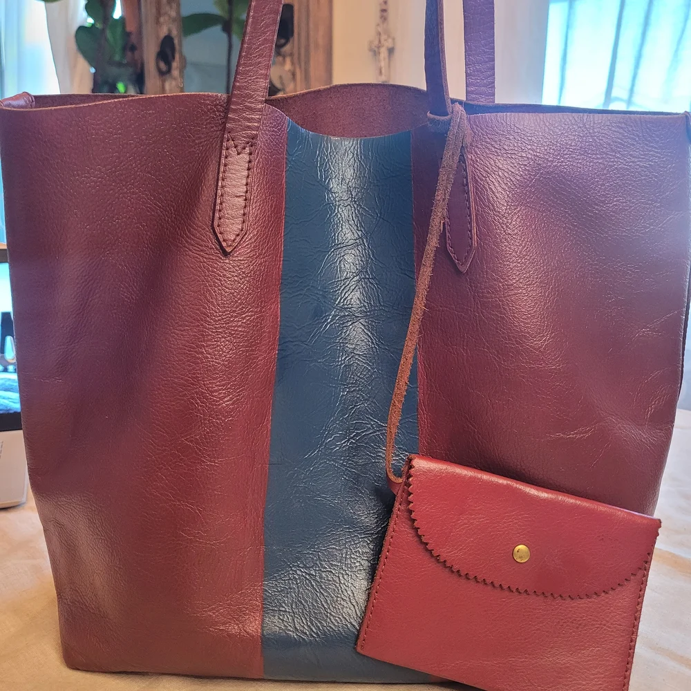 J Crew Downing Color Block Stripe Burgundy Navy Leather Tote Purse Bag